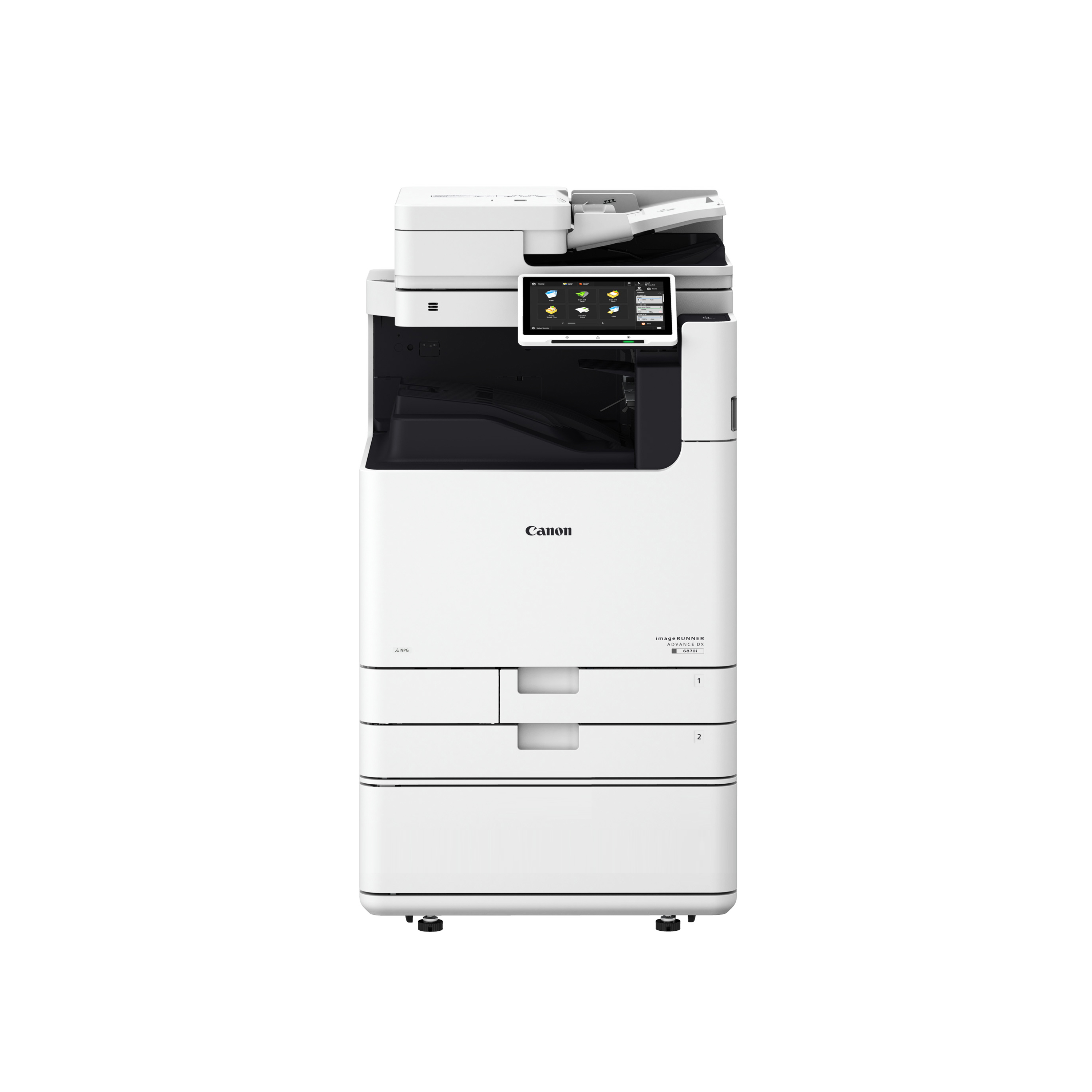 캐논 imageRUNNER ADVANCE DX 6870i A3 흑백 디지털복합기 제조사 공식 전체 이미지 · Canon 로고와 하단 2단 급지함·캐비닛·받침대·캐스터 포함