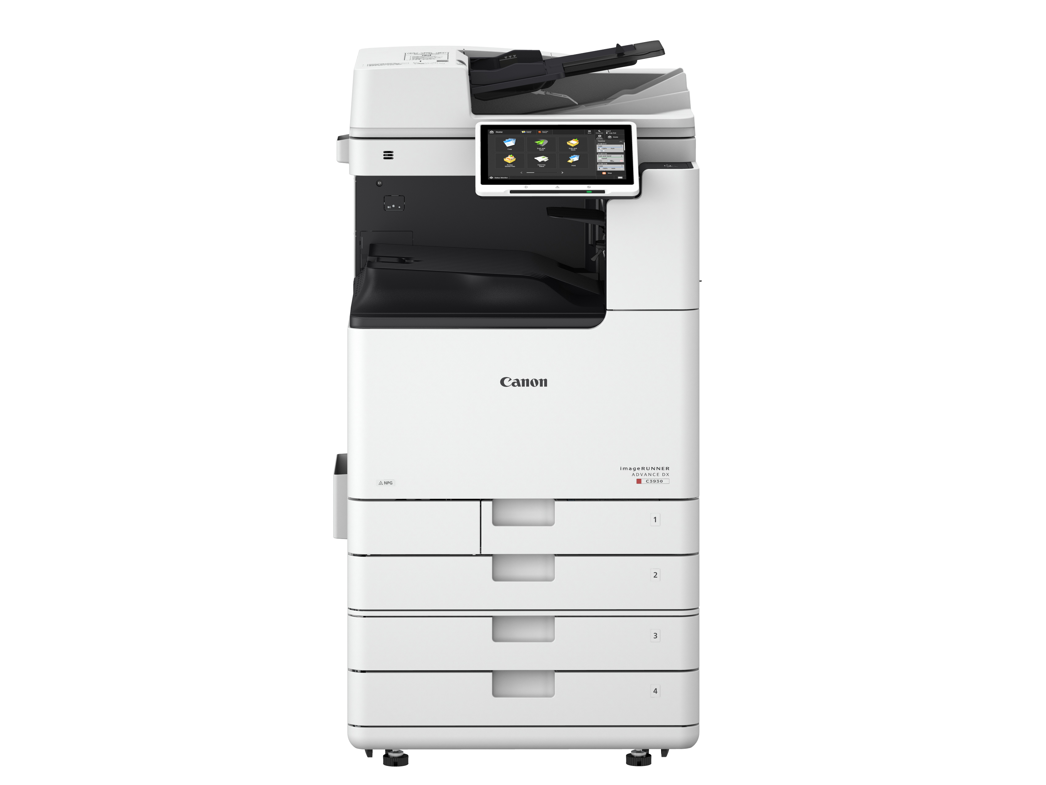 캐논 imageRUNNER ADVANCE DX C3930 A3 컬러 디지털복합기와 하단 4단 급지함·받침대, Canon 로고가 포함된 공식 사진
