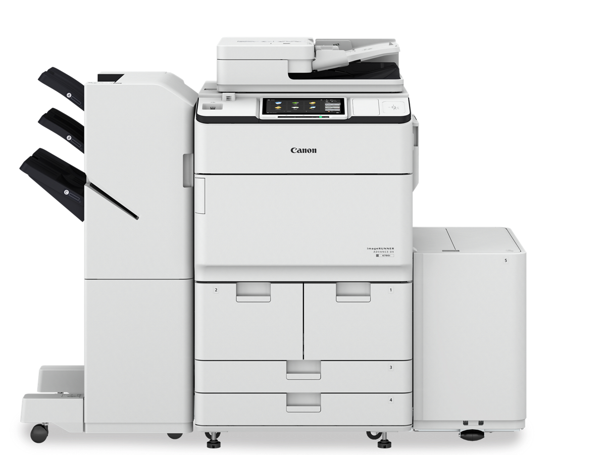 캐논 imageRUNNER ADVANCE DX 6755i A3 흑백 디지털복합기 제조사 공식 전체 구성 이미지 · Canon 로고와 하단 4단 급지함·받침대·캐스터·대용량 급지함·피니셔 포함