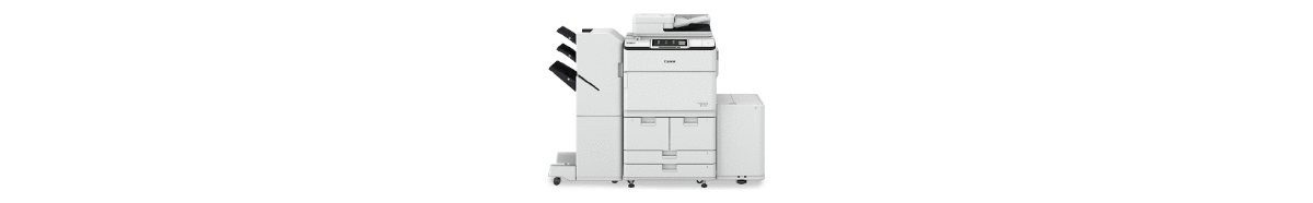 캐논 imageRUNNER ADVANCE DX 6765i A3 흑백 디지털복합기 제조사 공식 전체 구성 이미지 · Canon 로고와 하단 다단 급지함·받침대·캐스터·대용량 급지함·피니셔 포함