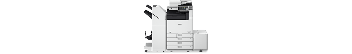 캐논 imageRUNNER ADVANCE DX 6860i A3 흑백 디지털복합기 제조사 공식 전체 구성 이미지 · Canon 로고와 하단 다단 급지함·받침대·캐스터·대용량 급지함·피니셔 포함