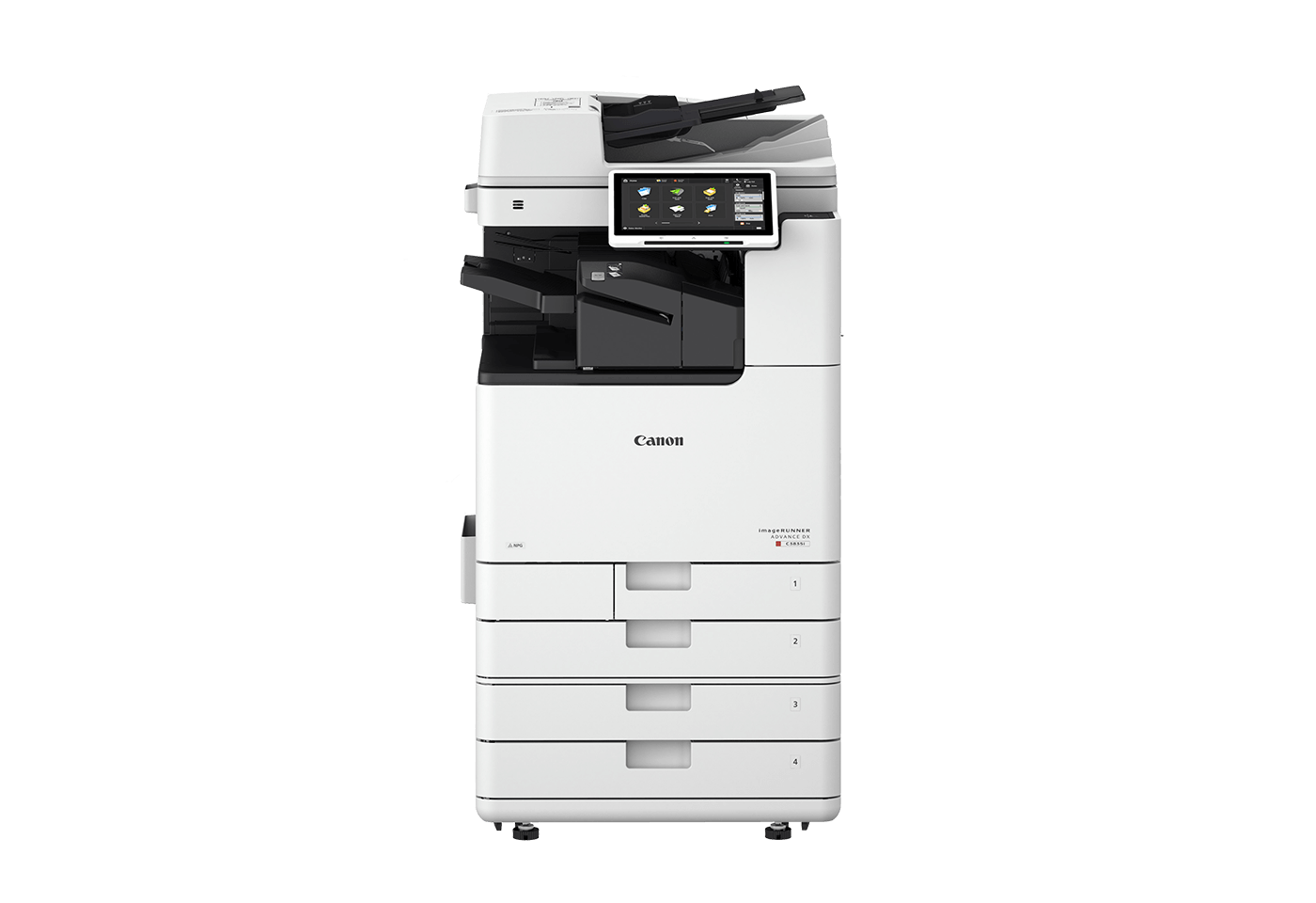 캐논 imageRUNNER ADVANCE DX C3826i A3 컬러 디지털복합기 제조사 공식 시리즈 이미지 · Canon 로고와 하단 4단 급지함·받침대·캐스터 포함