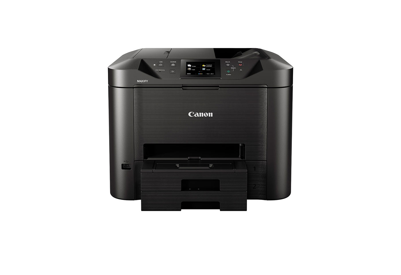 캐논 MAXIFY MB5460 A4 컬러 비즈니스 잉크젯복합기 제조사 공식 정면 이미지 · 본체 Canon 로고와 2단 급지함 포함