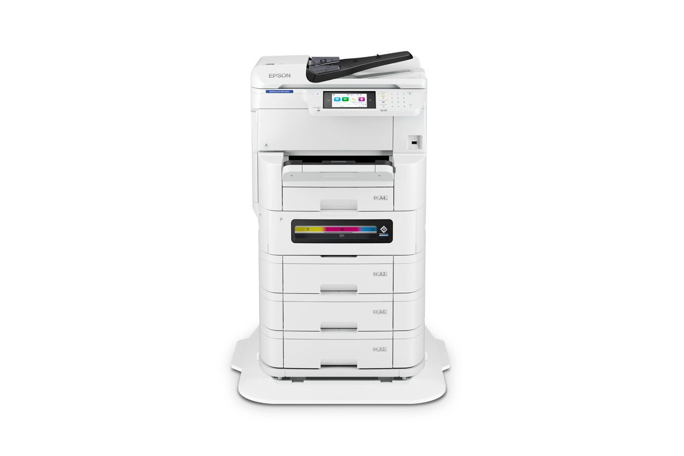 엡손 WorkForce Pro EM-C8100 공식 정면 제품 사진 · EPSON 로고와 EM-C8100 모델 표기, 옵션 3단 급지함·하단 받침대 포함