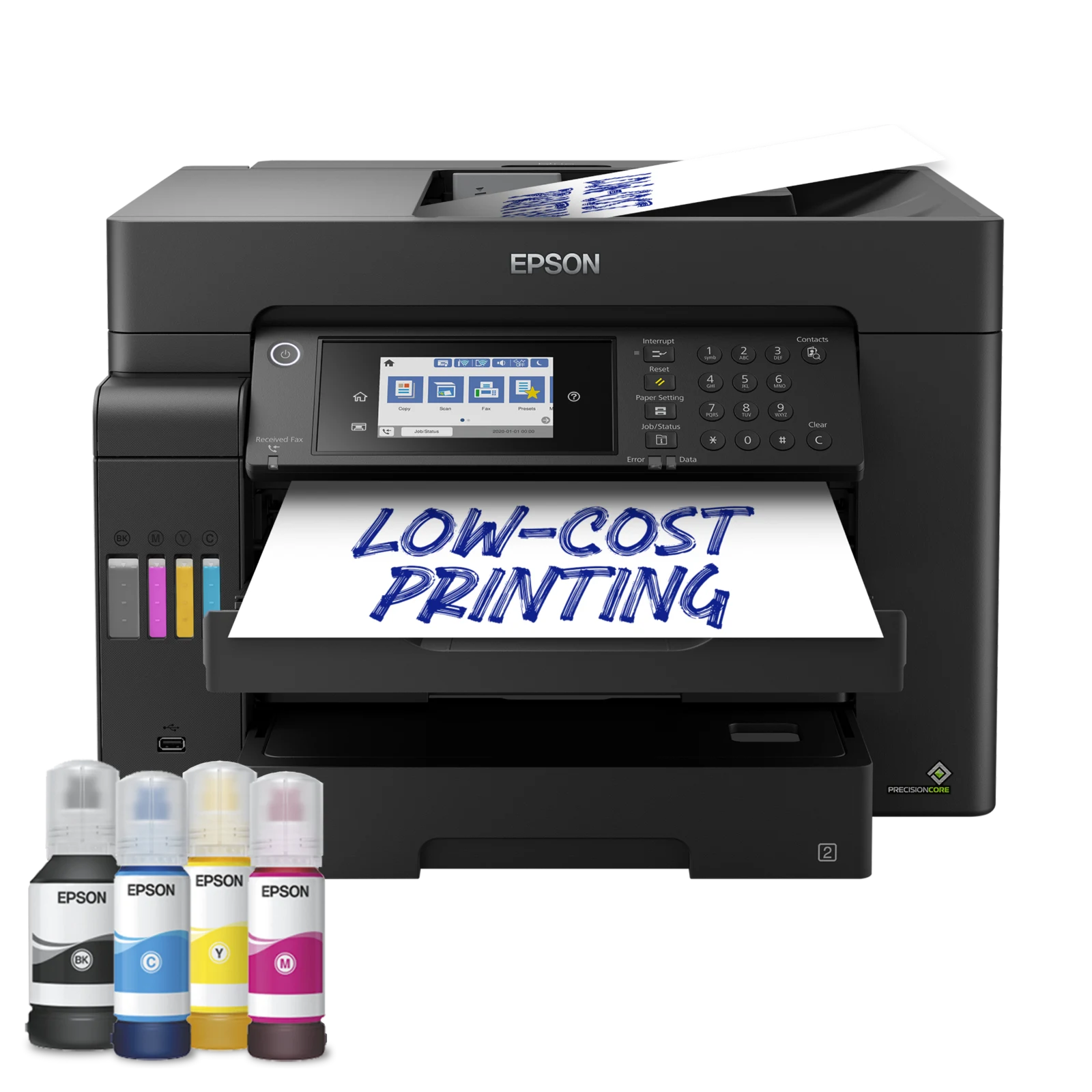 엡손 EcoTank Pro L15160 A3+ 컬러 잉크젯복합기 공식 정면 이미지 · 본체와 잉크병의 EPSON 로고 포함