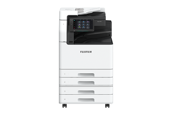 후지필름 Apeos 4570·5570 공용 제조사 공식 이미지 · FUJIFILM 로고와 하단 4단 급지함·받침대·캐스터 포함