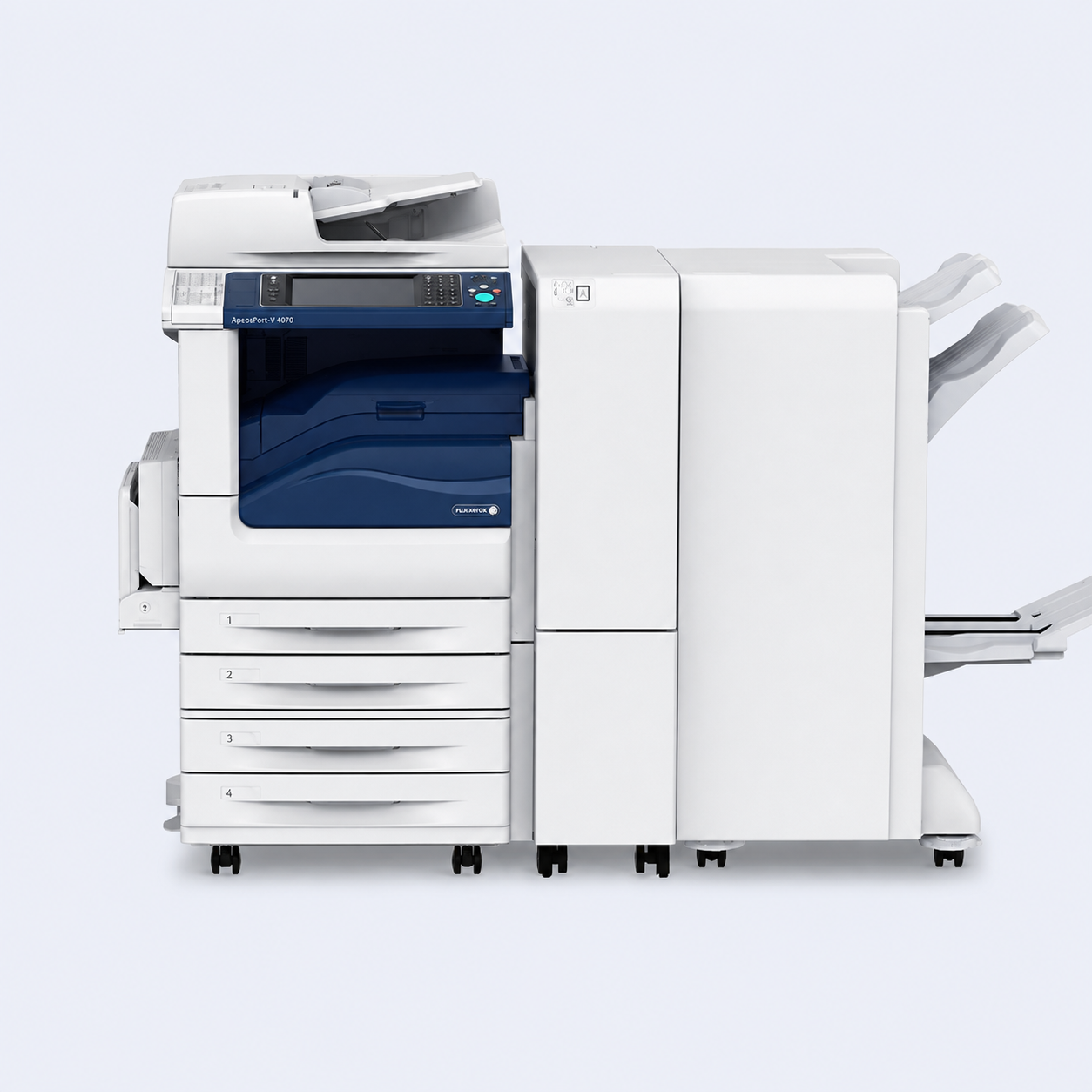후지필름 ApeosPort-V 4070 A3 흑백 디지털복합기 · Fuji Xerox 로고와 ApeosPort-V 4070 표기, 하단 4단 급지함·캐비닛·받침대·캐스터 및 피니셔가 포함된 검증 이미지
