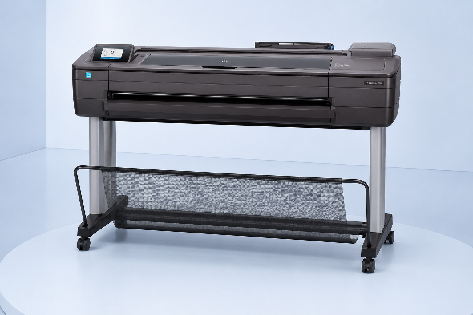 HP DesignJet T730 대형 포맷 플로터와 스탠드·출력 바스켓