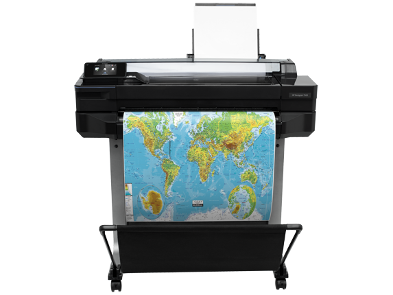 HP DesignJet T520 24인치 A1 플로터 공식 제품 사진 · HP 로고, 전용 스탠드와 출력 바스켓 포함