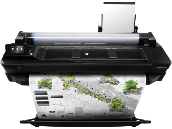 HP DesignJet T520 36인치 A0 플로터 공식 본체 사진 · HP 로고와 출력물 포함