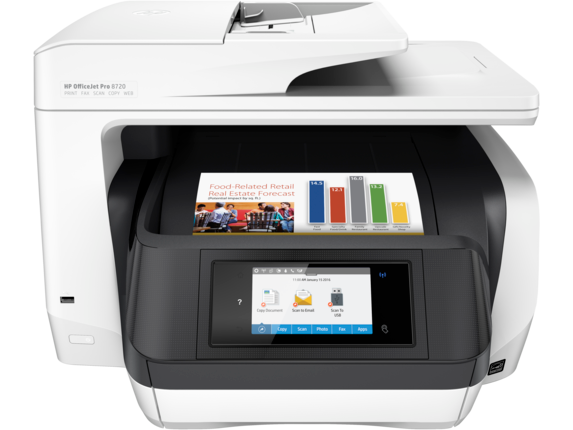 HP OfficeJet Pro 8720 A4 컬러 잉크젯복합기 공식 제품 이미지 · 본체 HP 로고와 OfficeJet Pro 8720 모델 표기 포함