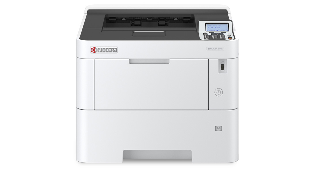 교세라 ECOSYS PA4500x A4 흑백 레이저프린터 공식 정면 이미지 · 본체 KYOCERA 로고와 모델 표기 포함