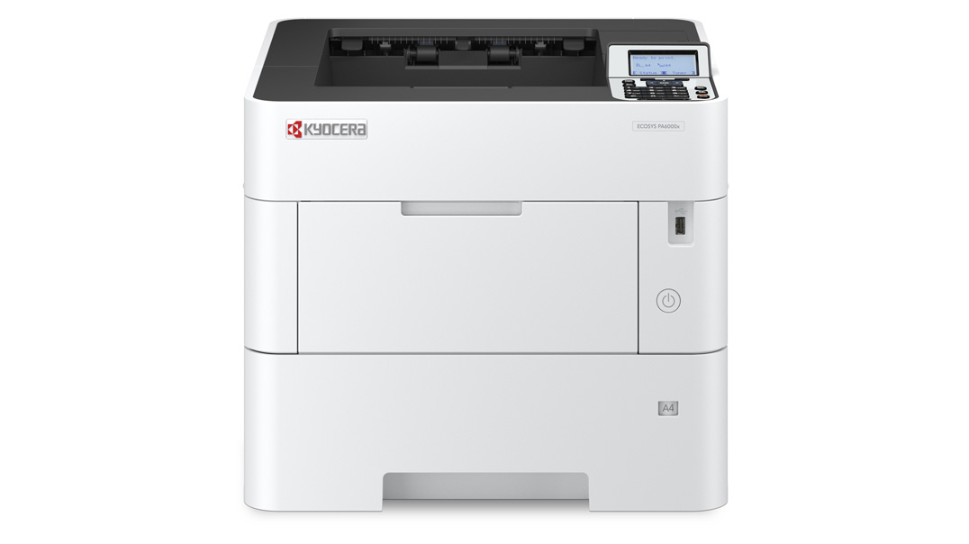 교세라 ECOSYS PA6000x A4 흑백 레이저프린터 공식 정면 이미지 · 본체 KYOCERA 로고와 모델 표기 포함