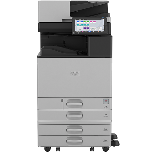 리코 IM C3010 A3 컬러 디지털복합기 공식 정면 이미지 · 본체 RICOH 로고와 IM C3010 모델 표기, 하단 4단 급지함·받침대·캐스터 포함