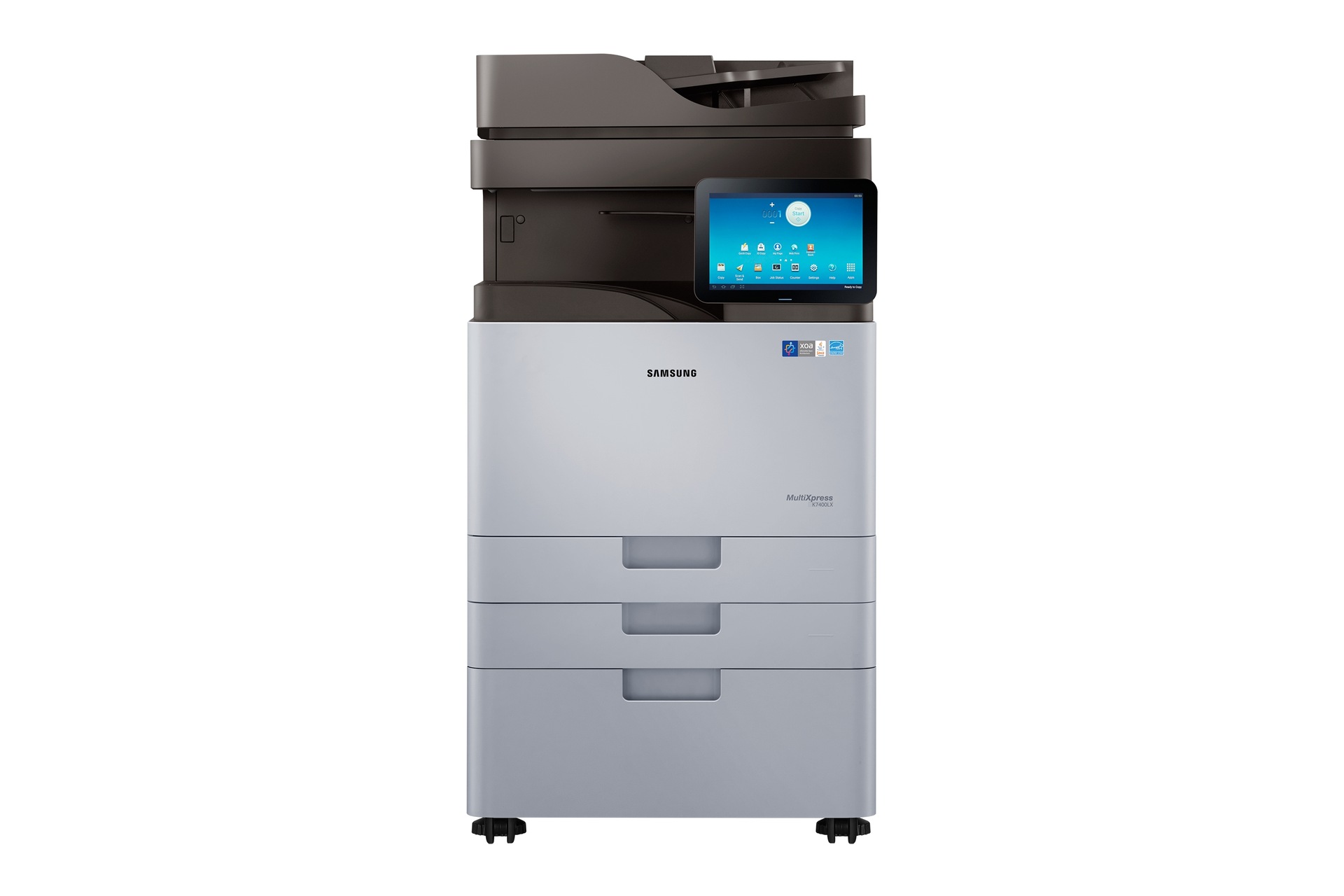 삼성 SL-K7400LX A3 흑백 디지털복합기 제조사 공식 정면 이미지 · 본체 SAMSUNG 로고와 MultiXpress K7400LX 모델 표기, 하단 3단 급지함·받침대·캐스터 포함
