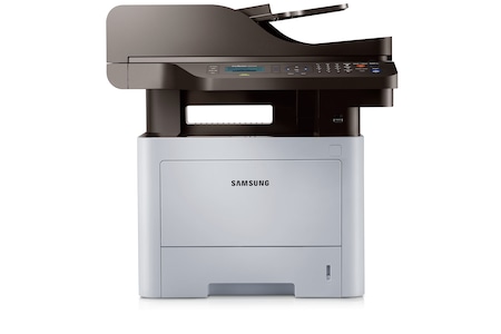 삼성 SL-M3870FW A4 흑백 레이저복합기 공식 정면 사진 · SAMSUNG 로고, 자동 원고 급지부와 기본 급지함 포함