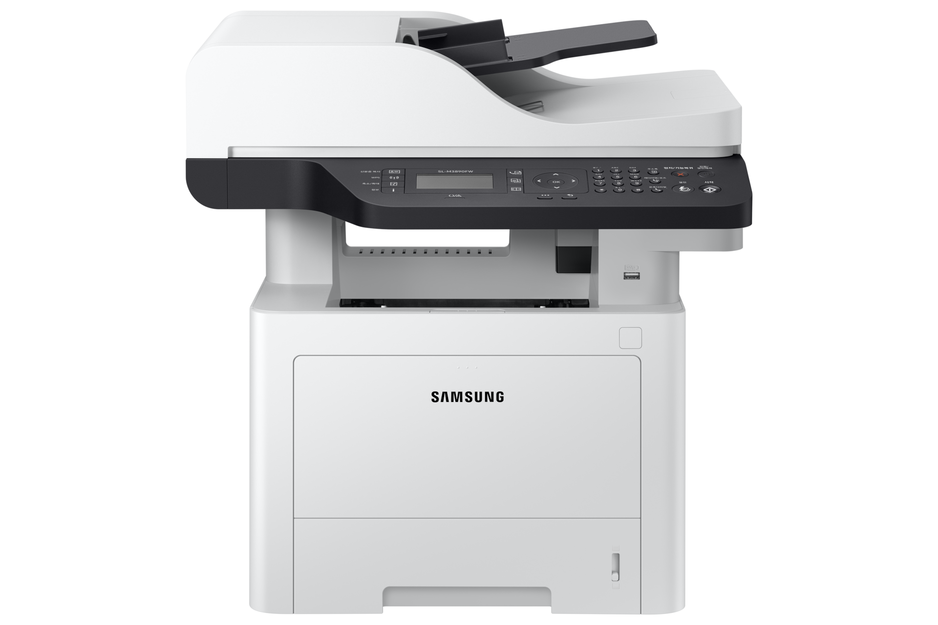 삼성 SL-M3890FW A4 흑백 레이저복합기 공식 정면 이미지 · 삼성 로고와 본체 모델명 포함
