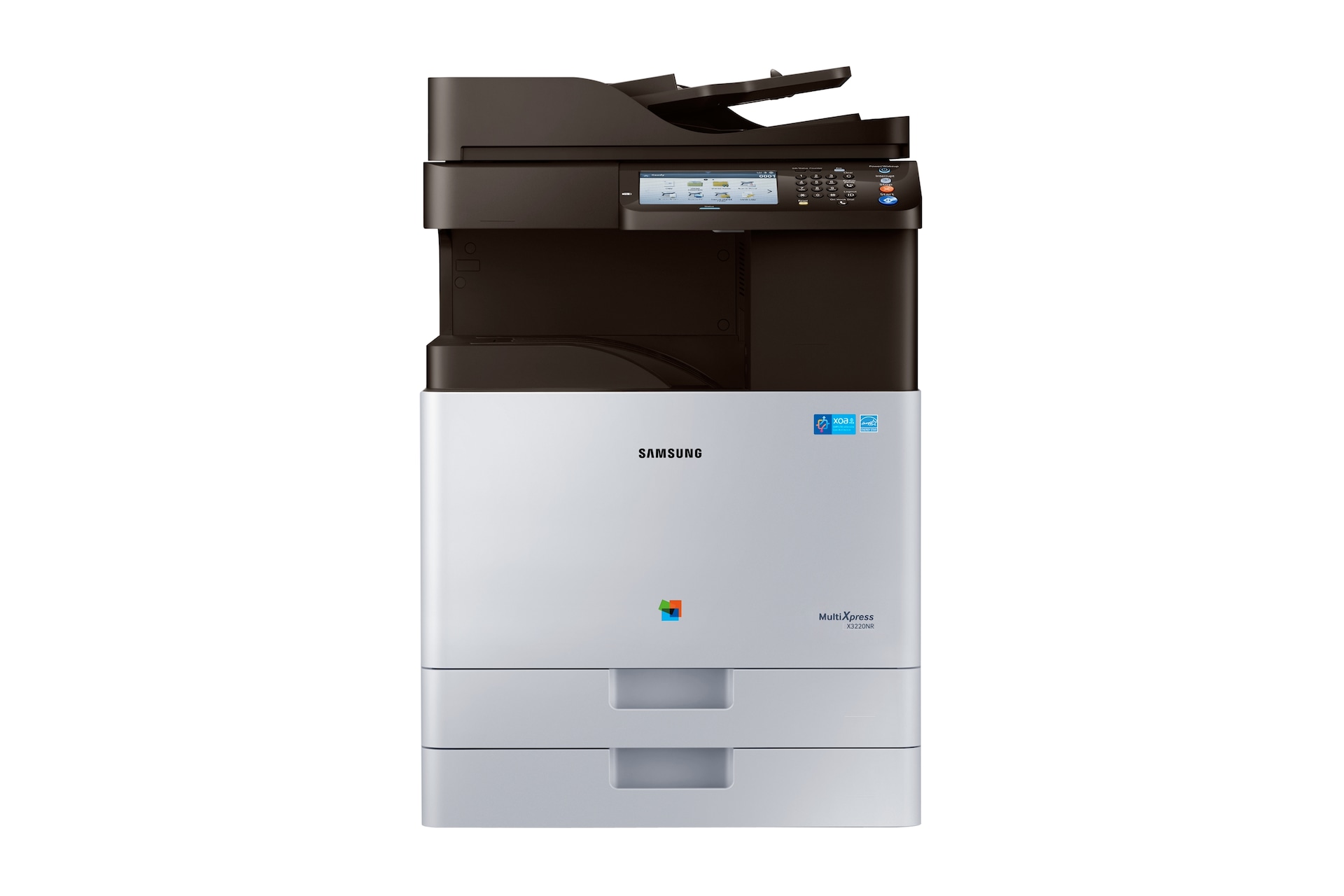 삼성 SL-X3220NR A3 컬러 디지털복합기 제조사 공식 정면 이미지 · 본체 SAMSUNG 로고와 MultiXpress X3220NR 모델 표기, 하단 2단 급지함·캐비닛 포함 전체 구성